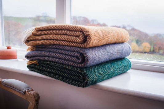 Egg Blue & Mustard Herringbone Pure Wool Blanket