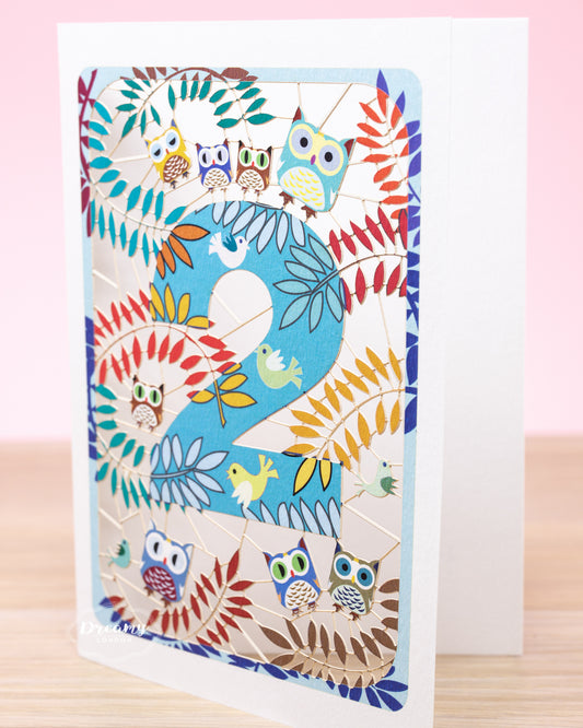 2nd Birthday Card Owls Laser Cut - dreamylondon
