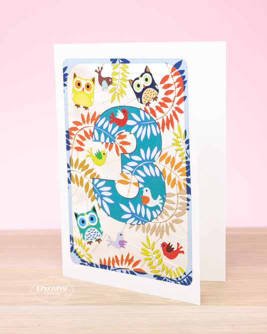 3rd Birthday Card Owls Laser Cut - dreamylondon