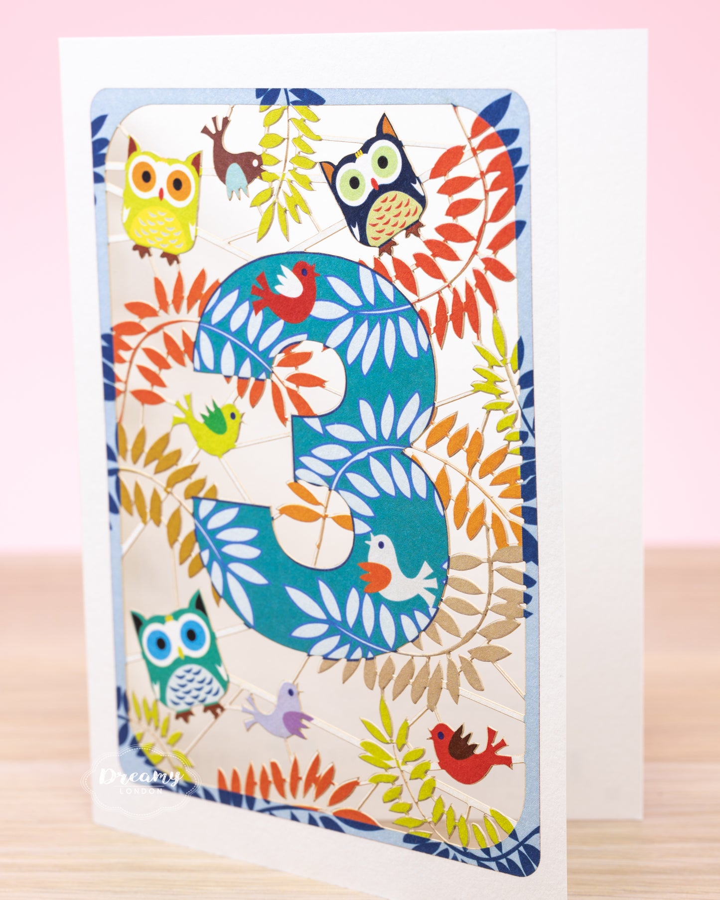 3rd Birthday Card Owls Laser Cut - dreamylondon