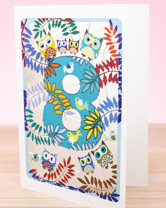 8th Birthday Card Owls Laser Cut - dreamylondon