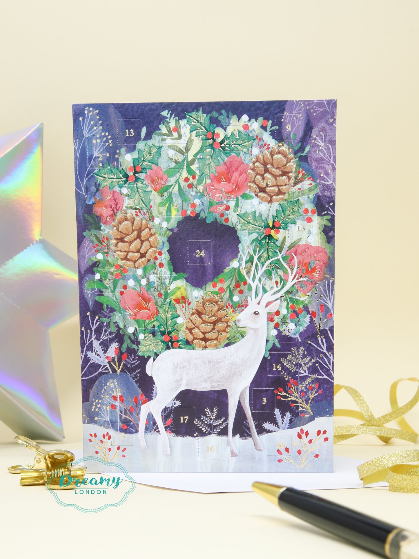Silver Stag & Wreath Advent Calendar Card 2023