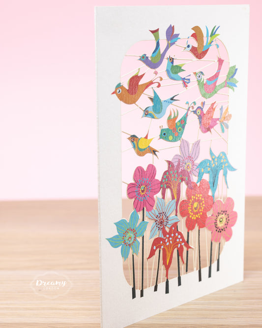 Floral Garden with Colourful Birds Laser-cut Greeting Card, Garden Birds Card, Greeting Card for Any Occasion - Made in England - Dreamy London
