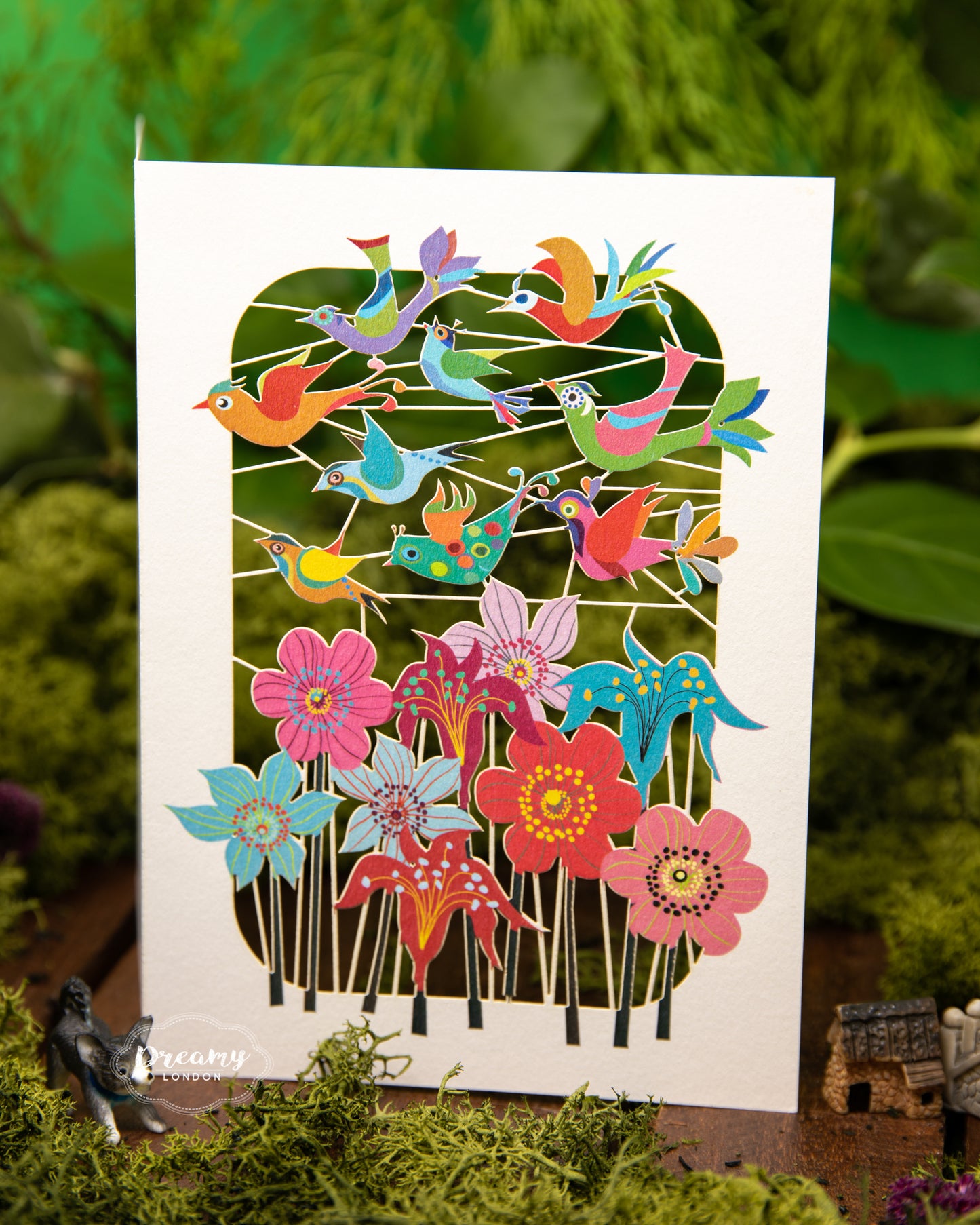 Floral Garden with Colourful Birds Laser-cut Greeting Card, Garden Birds Card, Greeting Card for Any Occasion - Made in England - Dreamy London