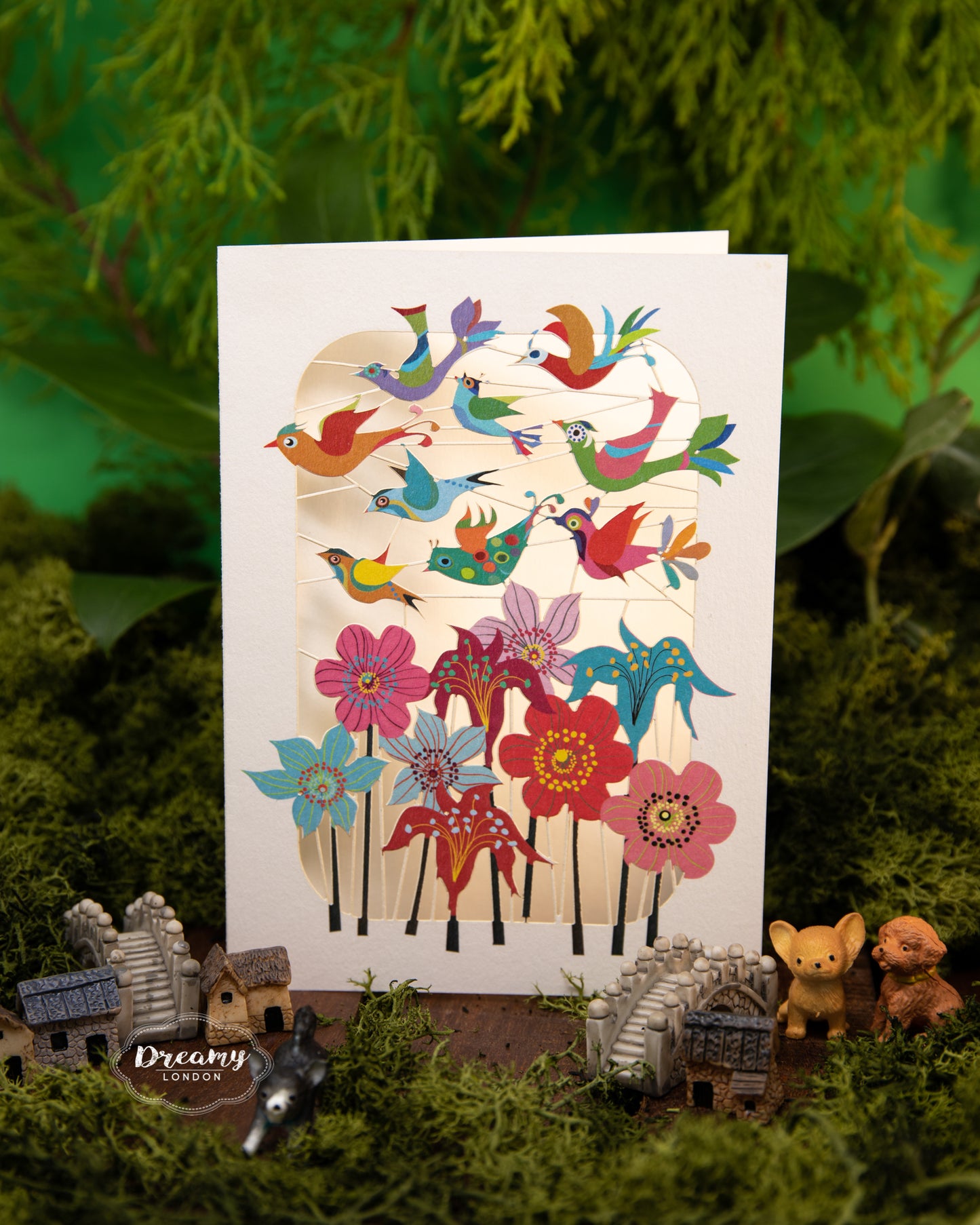 Floral Garden with Colourful Birds Laser-cut Greeting Card, Garden Birds Card, Greeting Card for Any Occasion - Made in England - Dreamy London