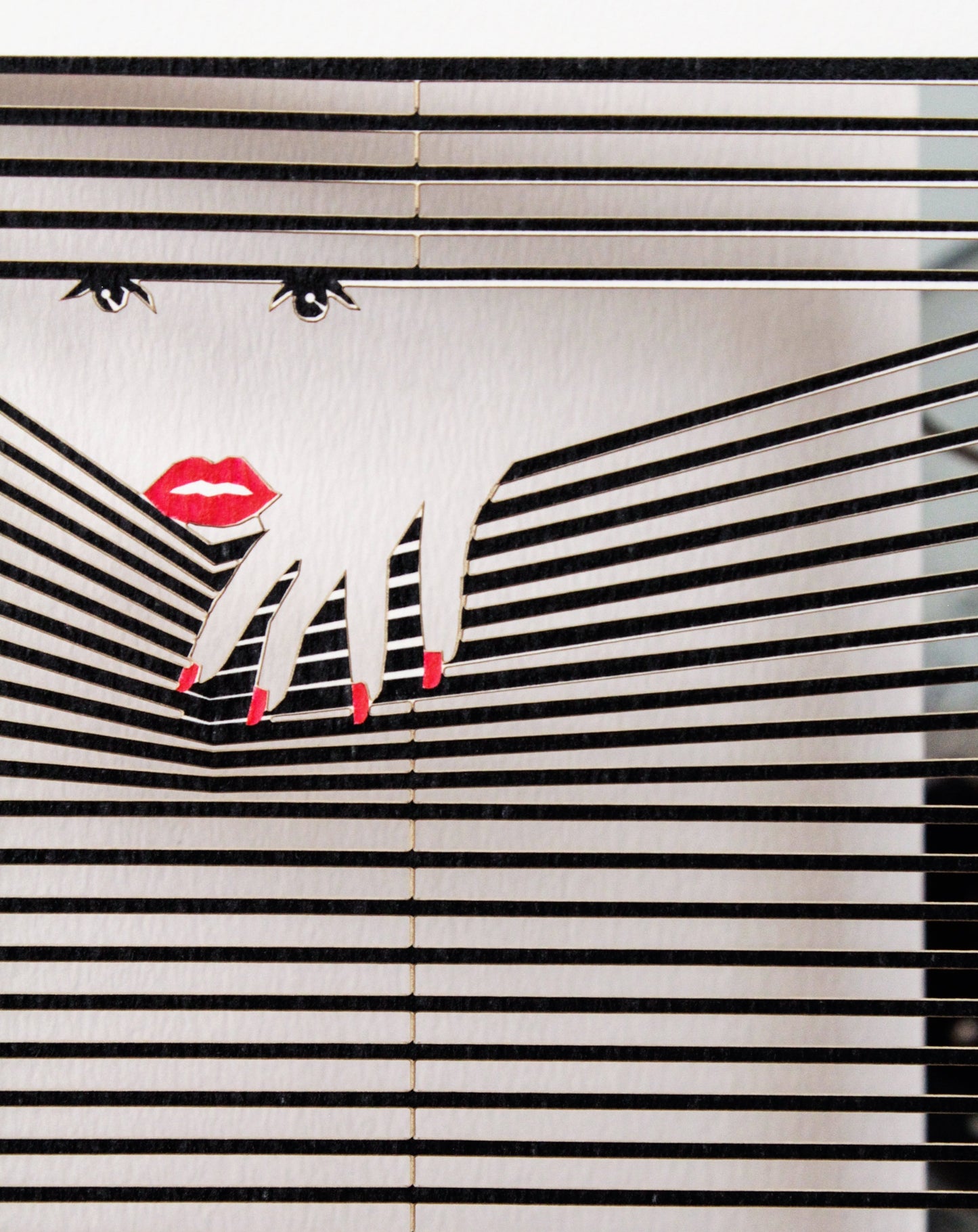 lady voyeur peeking into the blinds lasercut greeting card - dreamylondon