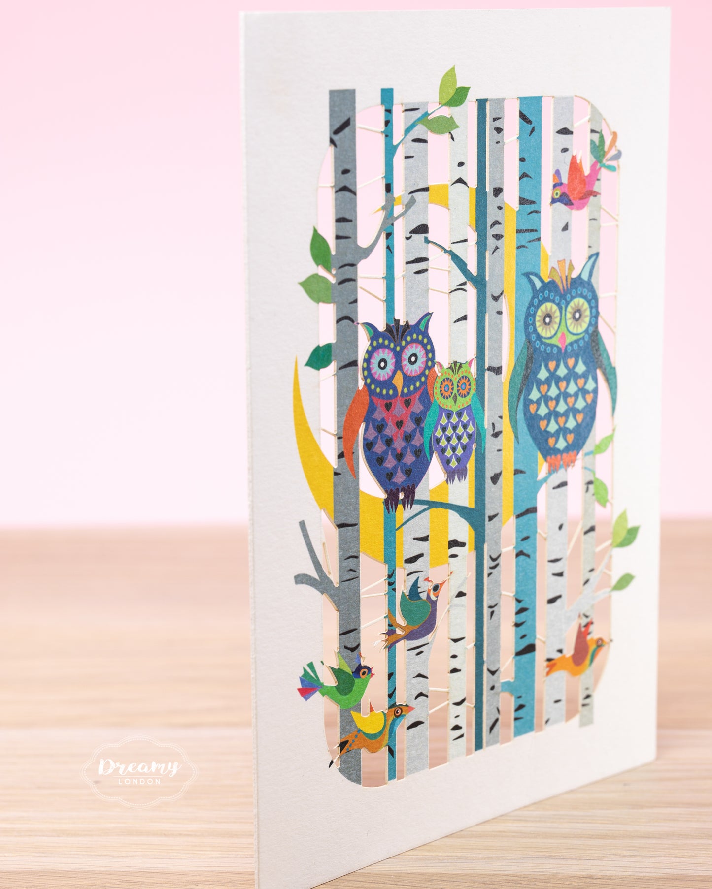 family of owls design birthday card, lasercut - dreamy london