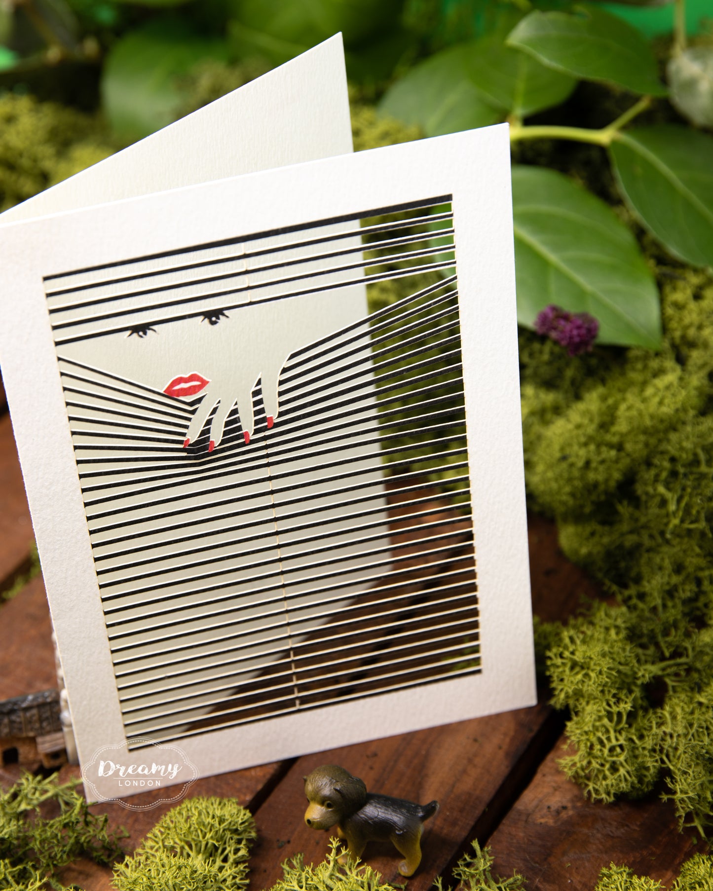 lady voyeur peeking into the blinds lasercut greeting card - dreamylondon