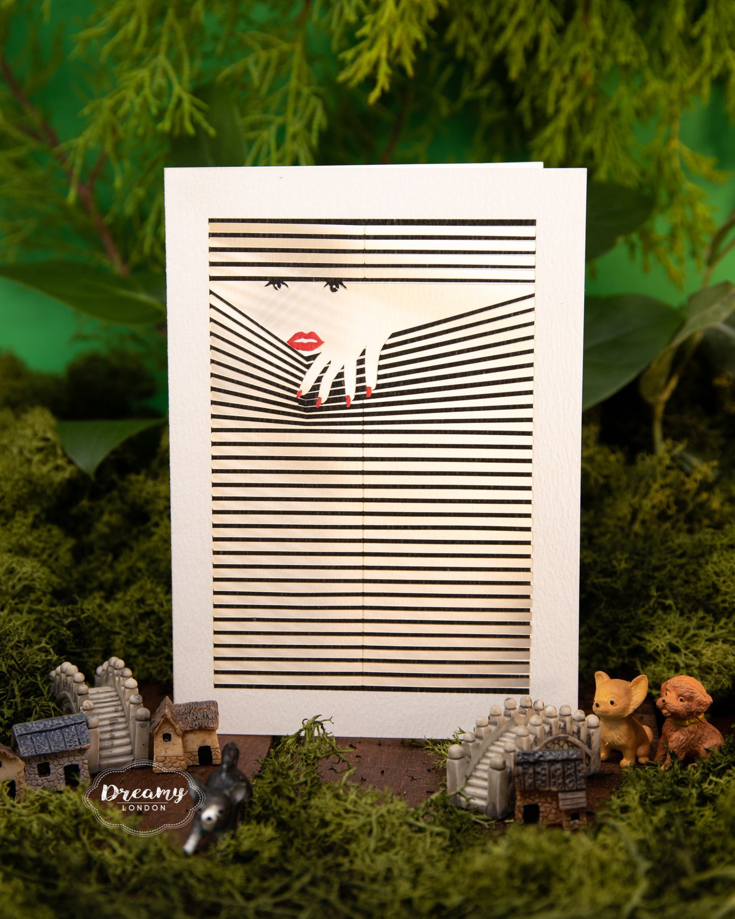 lady voyeur peeking into the blinds lasercut greeting card - dreamylondon