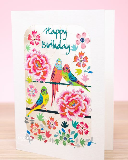 Parrots and Flower Birthday Card - dreamylondon