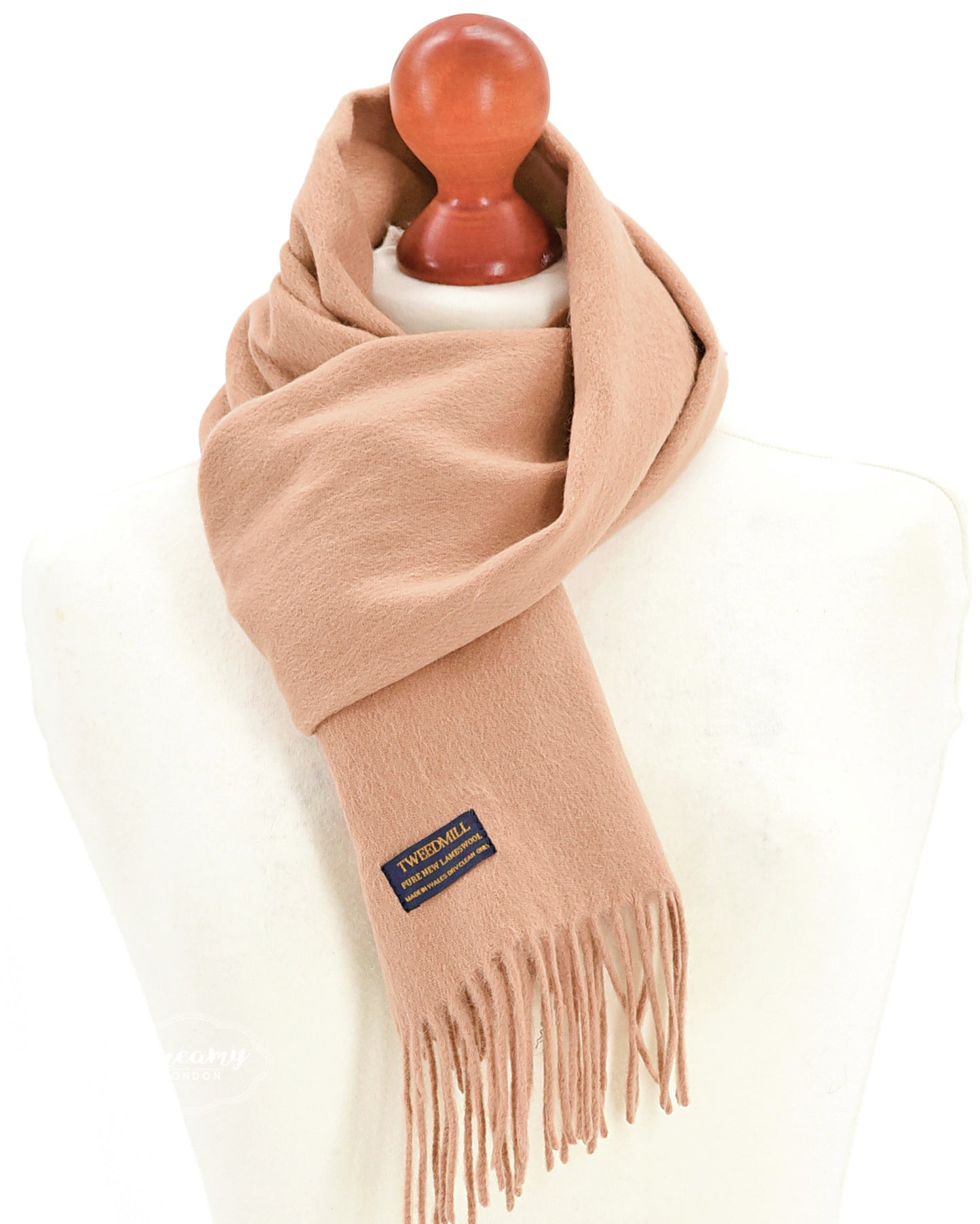 plain beige wool scarf wrapped around the mannequin - 100% pure wool - dreamy london