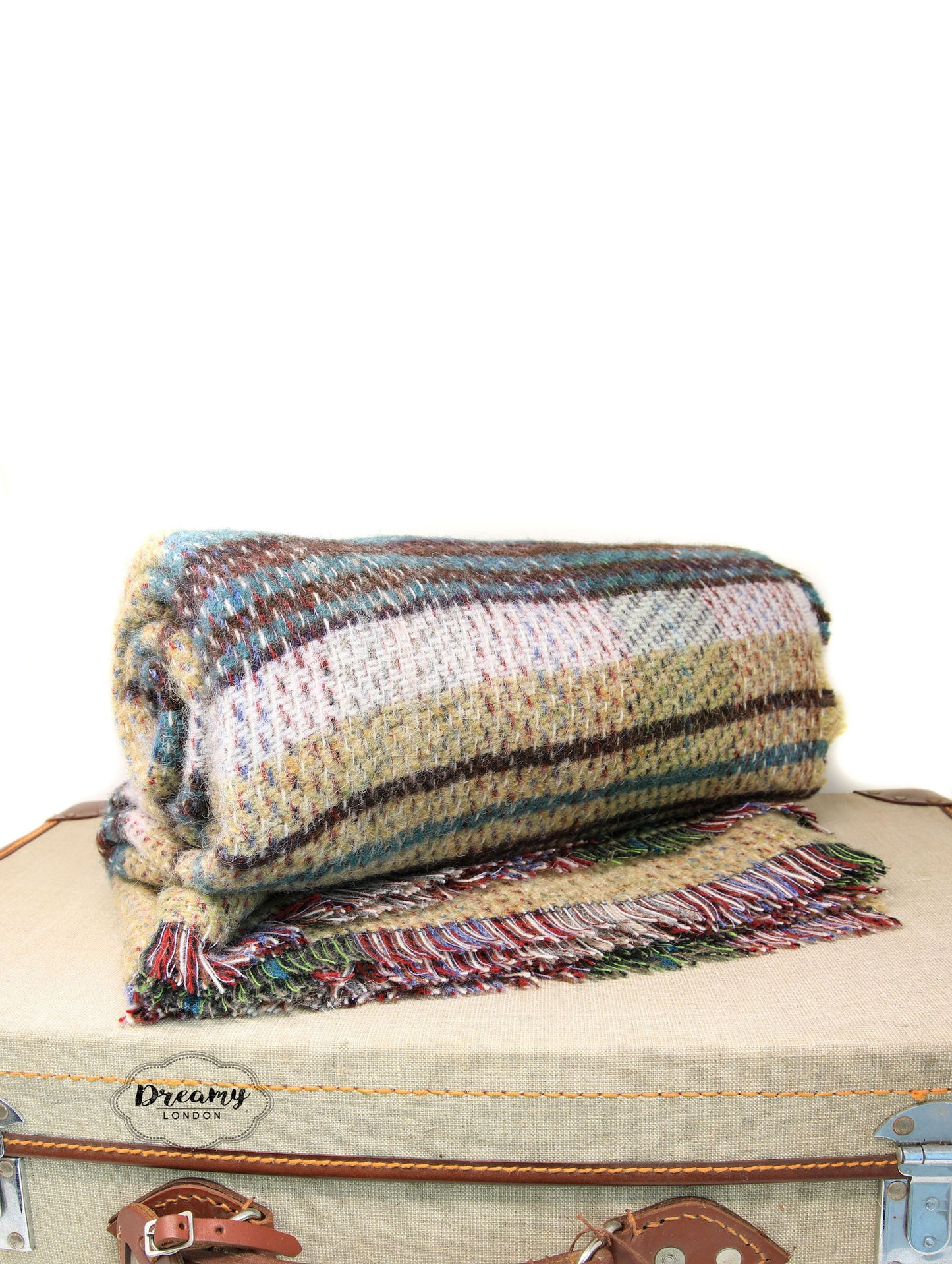 Beige Blue Recycled Wool Blanket