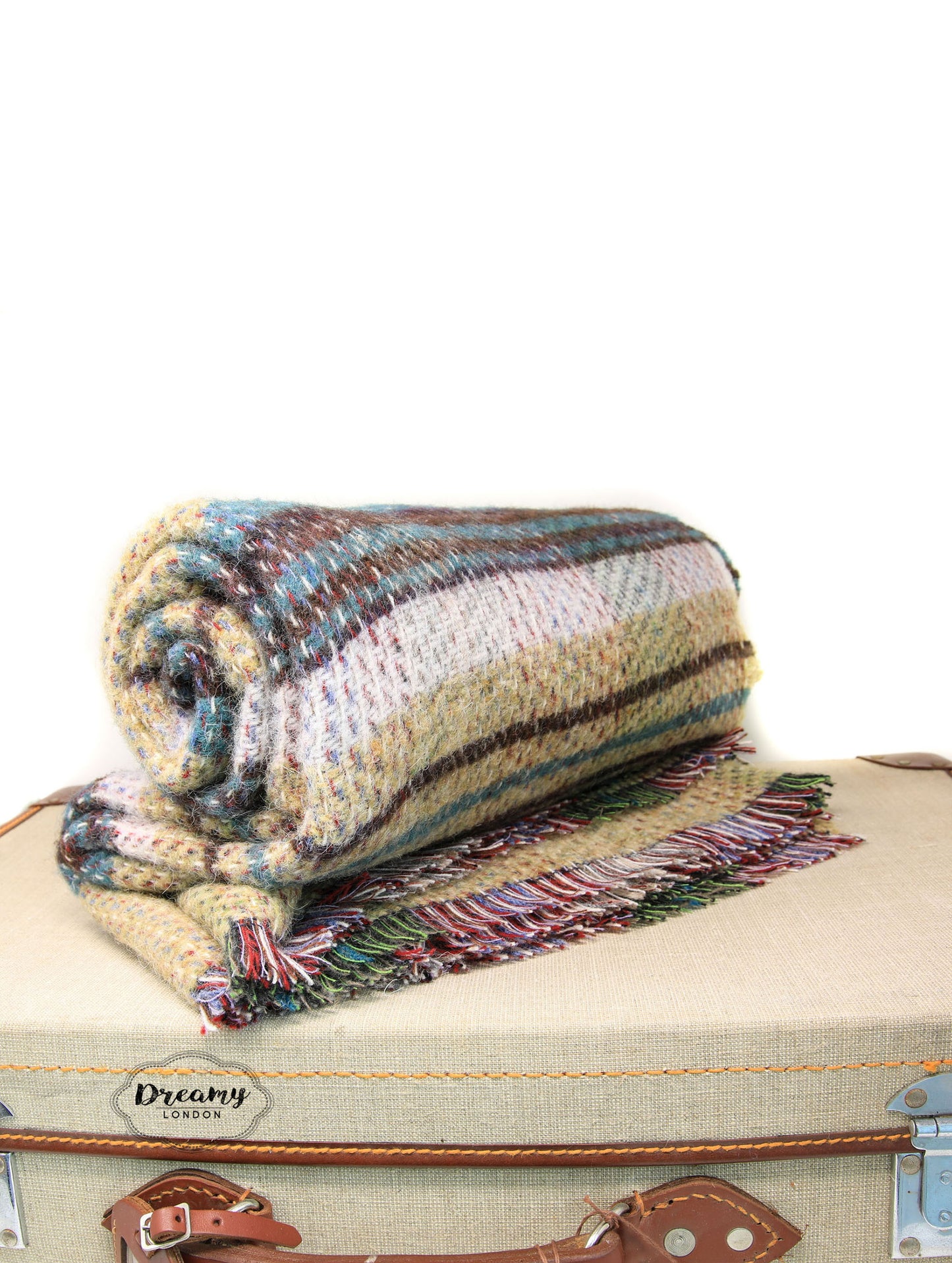 Beige Blue Recycled Wool Blanket