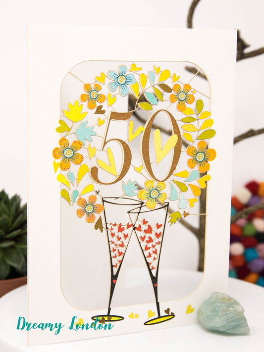 Happy 50th Laser Cut Greeting Card, Golden Wedding Anniversary Card - dreamylondon