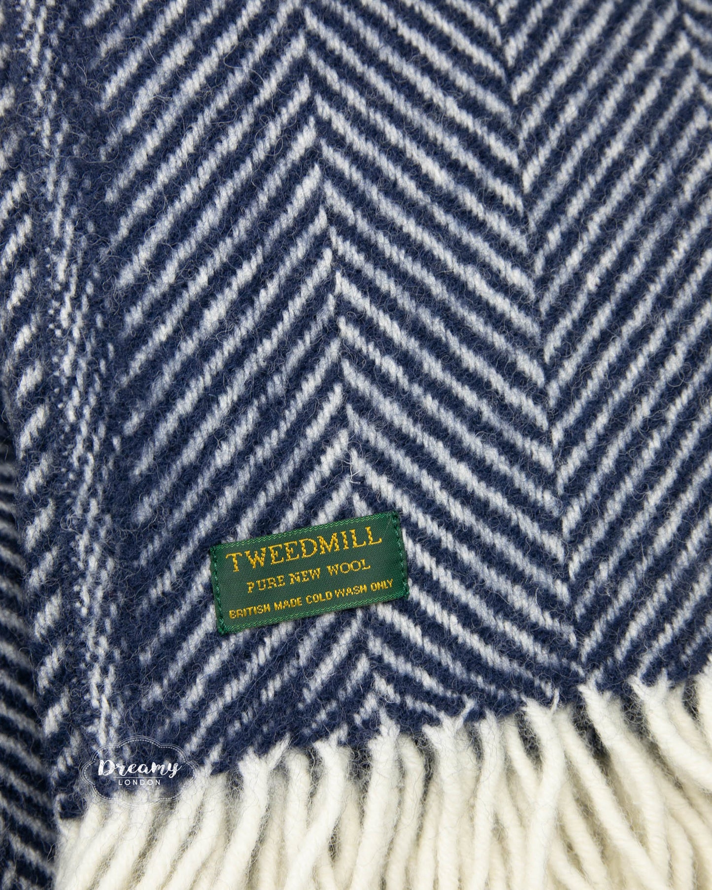 Navy Chevron Wool Blanket made of pure lambswool and woven in England - Dreamy London