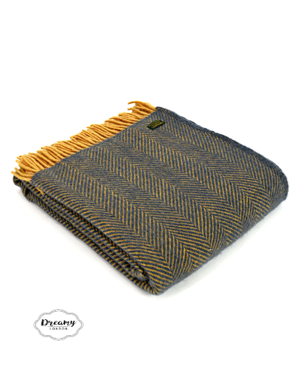 Egg Blue & Mustard Herringbone Pure Wool Blanket