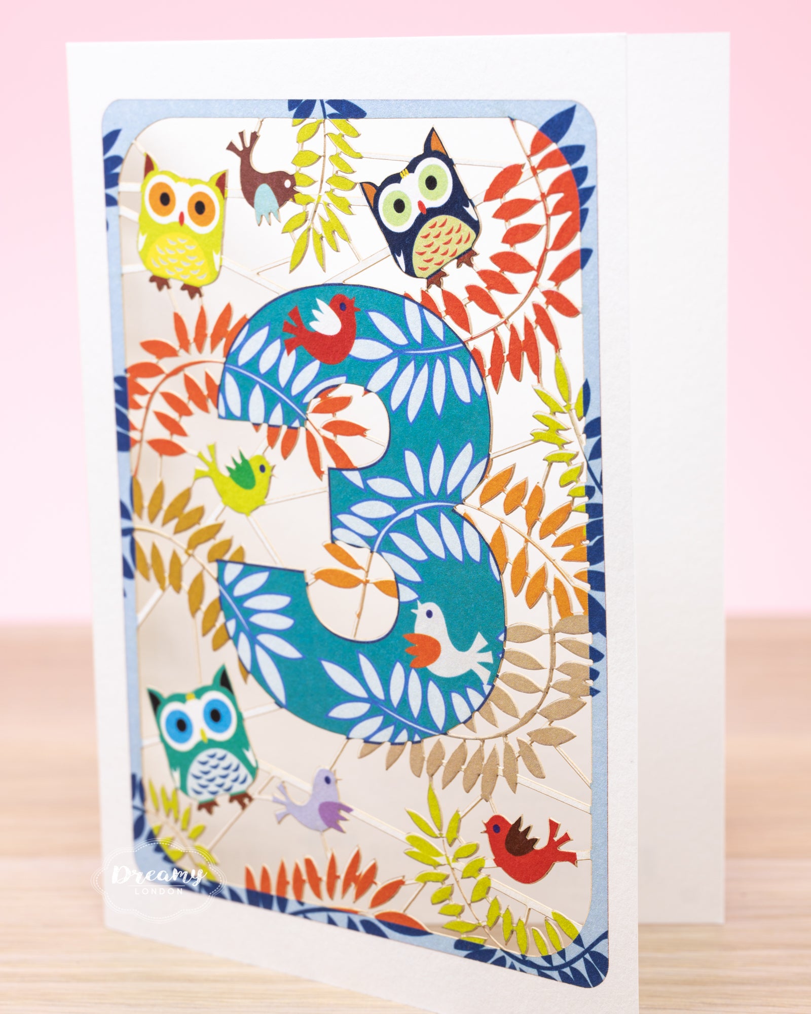 3rd Birthday Card Owls Laser Cut - dreamylondon