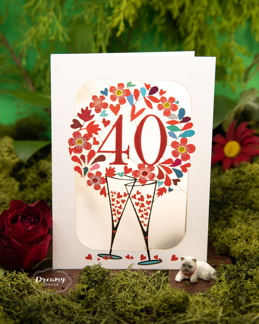 40th Wedding Anniversary Card - Ruby Wedding Anniversary Card that features clanking champagne glasses surrounded with hearts | Dreamy London