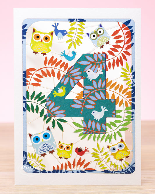4th Birthday Card Owls Laser Cut - dreamylondon