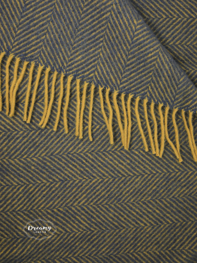 Egg Blue & Mustard Herringbone Pure Wool Blanket