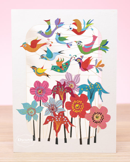 Floral Garden with Colourful Birds Laser-cut Greeting Card, Garden Birds Card, Greeting Card for Any Occasion - Made in England - Dreamy London