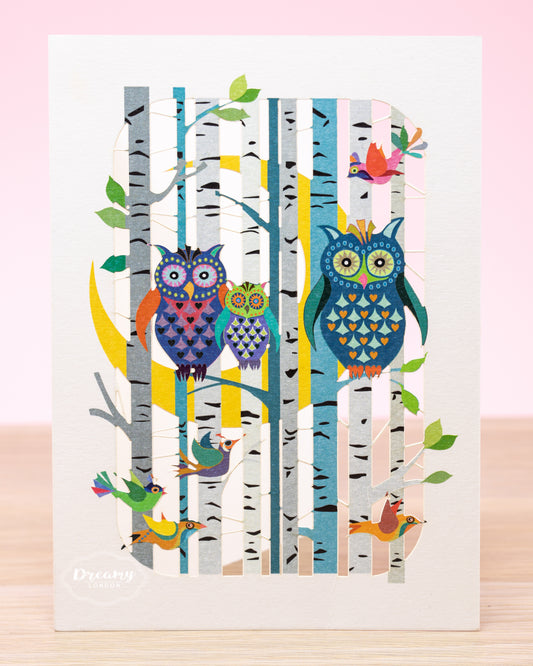 family of owls design birthday card, lasercut - dreamy london