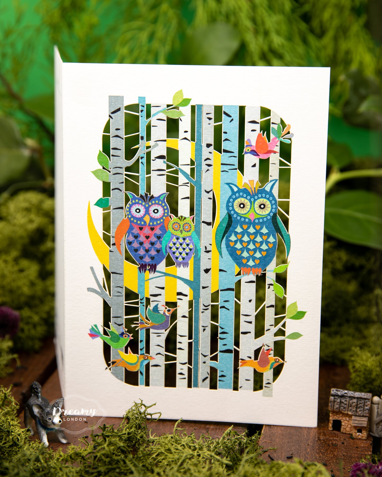 family of owls design birthday card, lasercut - dreamy london