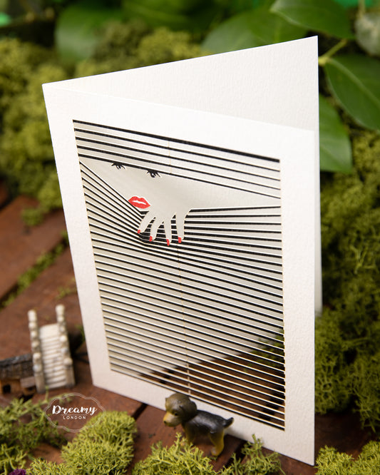 lady voyeur peeking into the blinds lasercut greeting  card - dreamylondon