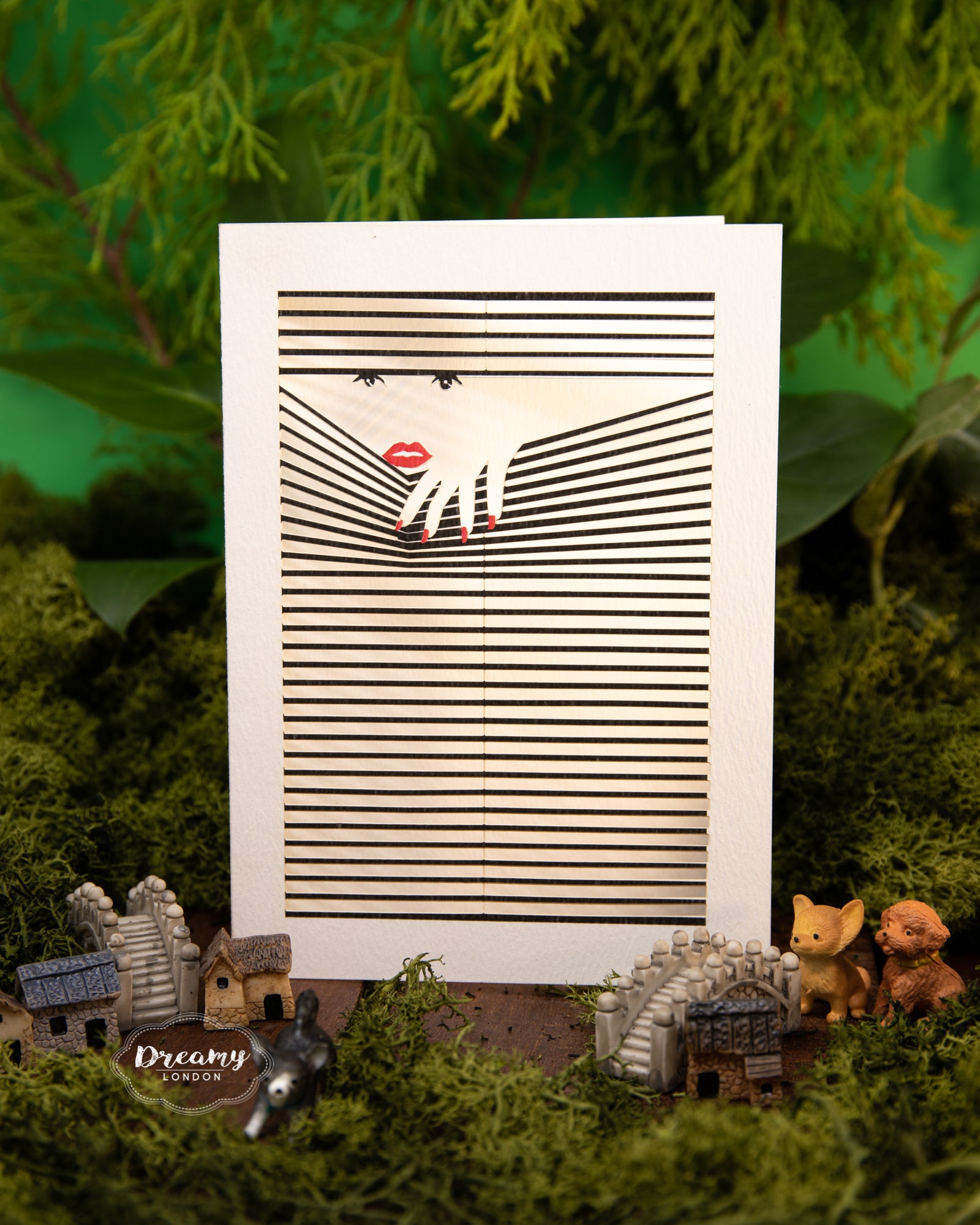 lady voyeur peeking into the blinds lasercut greeting  card - dreamylondon