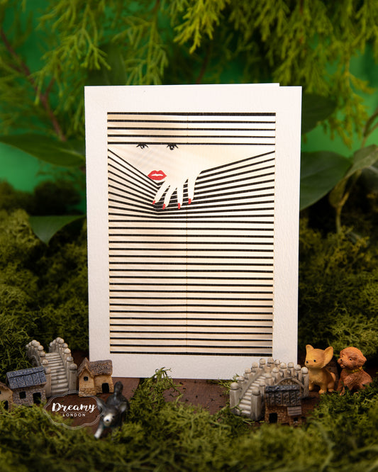 lady voyeur peeking into the blinds lasercut greeting  card - dreamylondon