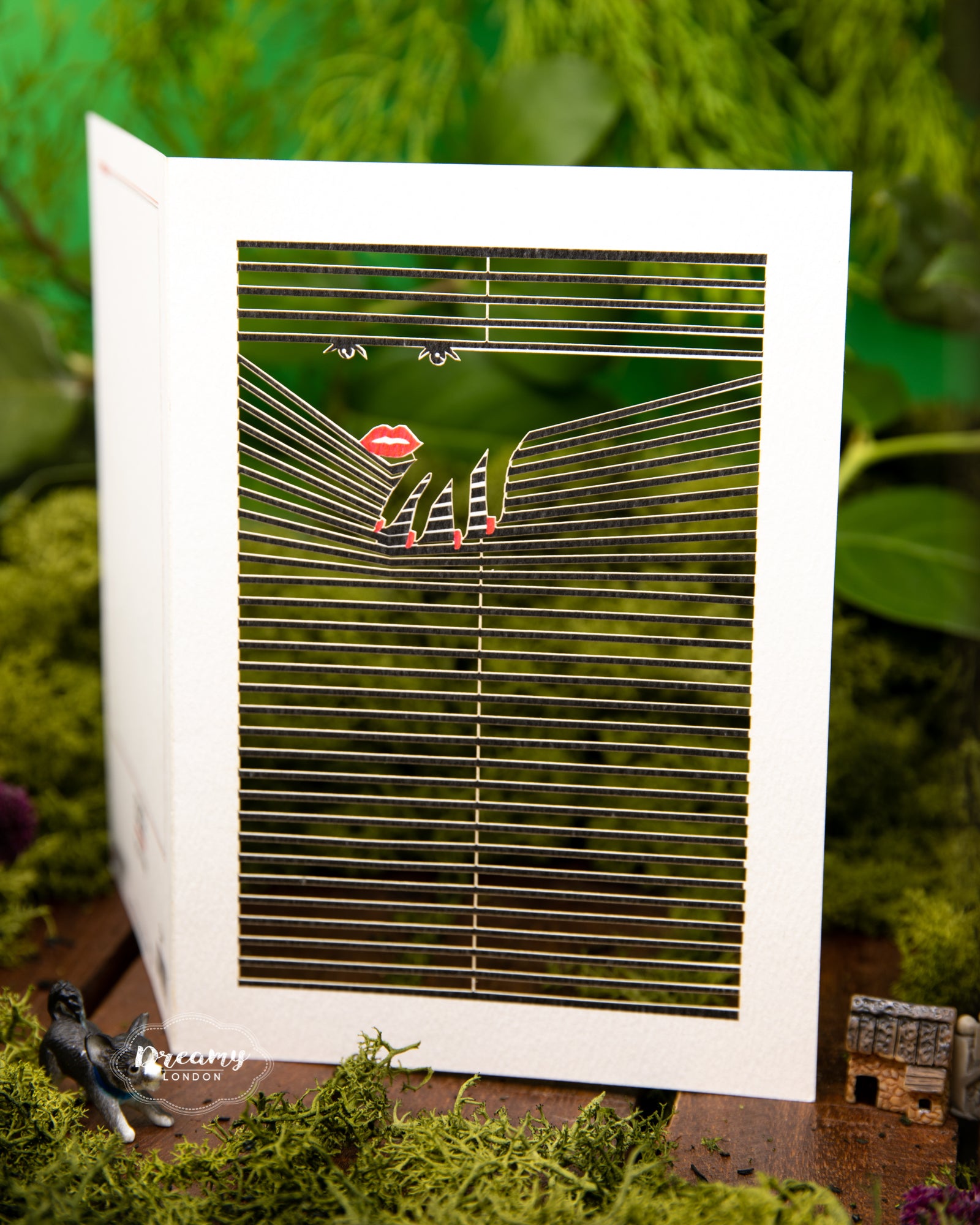lady voyeur peeking into the blinds lasercut greeting  card - dreamylondon