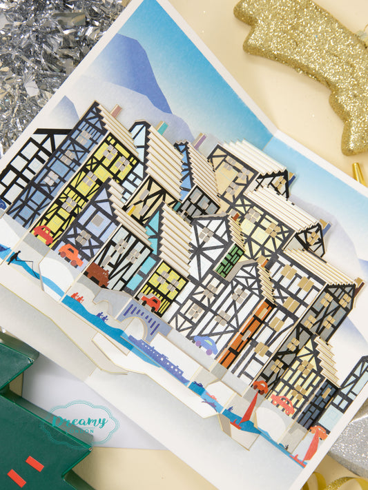 Tudor Houses Pop up Christmas Card