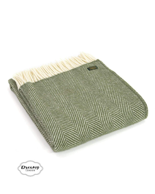 Olive Green English Thick Wool Blanket and Throw - Made in pure lambswool - Made in England - Dreamy London