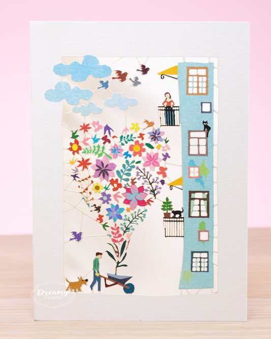 Greeting Card showing guy giving a heart-shaped bouquet of different flowers to wife, girlfriend, Bouquet Love Card for Her, Greeting Card for Wife, Girlfriend, Love Card for Her, Gift for Her - Made in England - Dreamy London